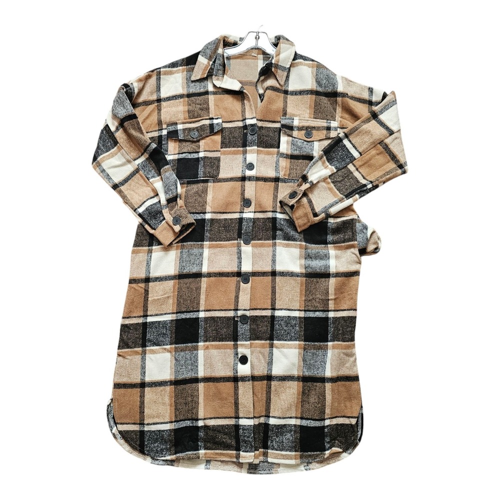 Womens Shirt Dress Duster Shacket Button Plaid Pockets Fleece Size XL